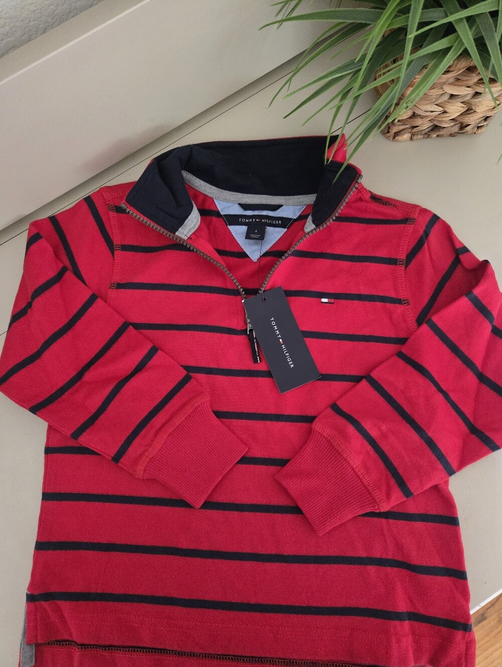 NWT Kids Pullover Tommy Hilfiger Red and Black Striped Sweater Size 4